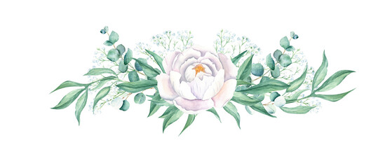 Watercolor white peony garland, eucalyptus, gypsophila, isolated on white background. Hand drawn botanical illustration. Can be used for wedding, birthday, save the date, greeting cards design.