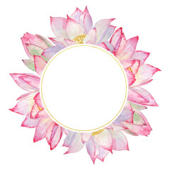 Watercolor frame with hand-painted elements of lotus flowers on a transparent background.