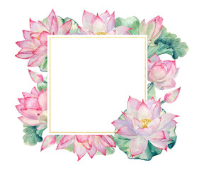 Watercolor frame with hand-painted elements of lotus flowers and leaves on a transparent background.