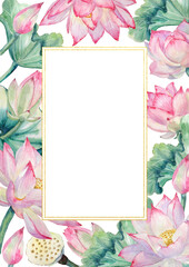 Watercolor frame with hand-painted elements of lotus flowers, leaves, and lotus seed ovary on a transparent background.