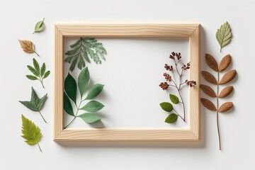 A white textured background with vegetation shadows surrounds an empty wooden photo frame with a passepartout. Flatlay. Copies. Generative AI