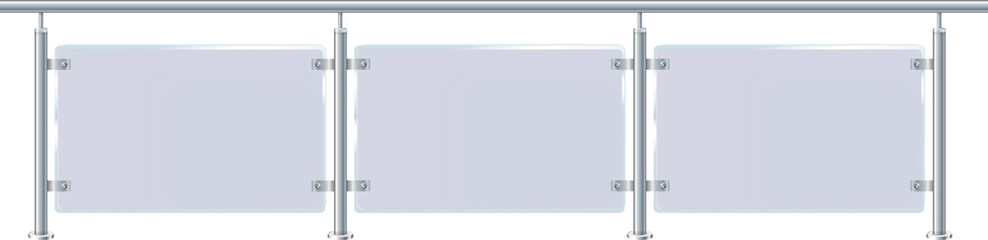 Glass or plexiglass fence with banisters. Architectural guardrail for balcony or office terrace.