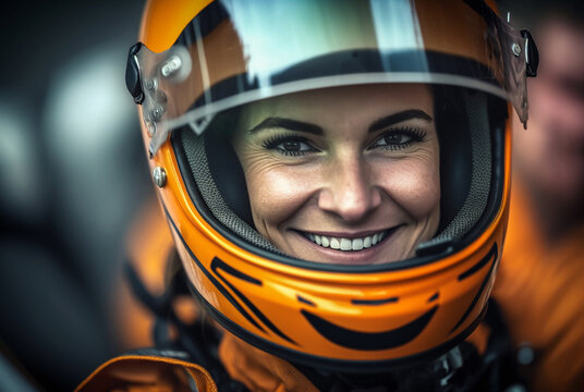 a woman is a racing car driver, sits in the racing car, car racing. Generative AI