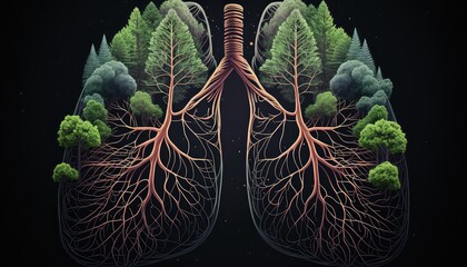 Green trees shaped like human lungs. Crowns, trunks and roots, ecological art. Generative AI