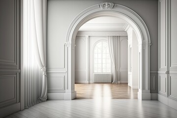 Fototapeta na wymiar Empty room interior design in white and gray tones, classic open space with parquet wooden floor, molded walls, arched doors with curtains, neoclassic architecture concept idea, illustration