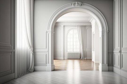 Empty room interior design in white and gray tones, classic open space with parquet wooden floor, molded walls, arched doors with curtains, neoclassic architecture concept idea, illustration