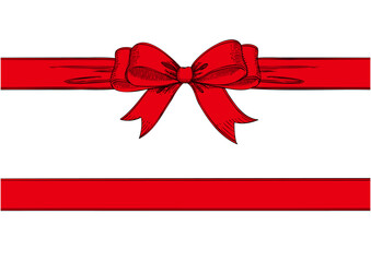 Vintage style decorated red long bow and ribbon. Hand drawn ink line art vector illustration.