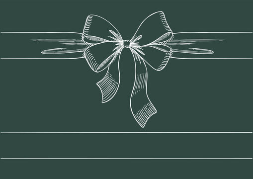 Vintage style decorated long white line bow and ribbon. Hand drawn vintage line art vector illustration.