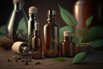 Obraz na płótnie Canvas Glass brown bottles with organic cosmetics on wooden table mockup. AI generation