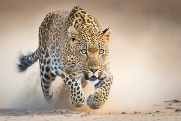 Fototapeta na wymiar Leopard running in the desert, generative AI