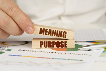 On the table are business charts and diagrams in the hands of a wooden block with the inscription - Meaning Purpose