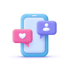 Smartphone and speech bubble with like heart and user follower icon. Social media, marketing and network concept. 3d vector icon. Cartoon minimal style.