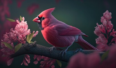 Detailed realistic illustration of beautiful male red cardinal in garden. Virginian cardinal on the branch among leaves and flowers in forest. Generative AI art.