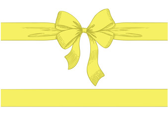 Vintage style decorated long yellow bow and ribbon. Hand drawn vintage line art vector illustration.