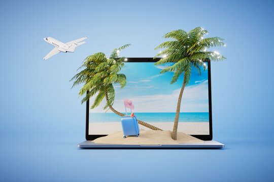 search for last minute tours online. laptop on which a picture of an island with palm trees among the sea. 3D render
