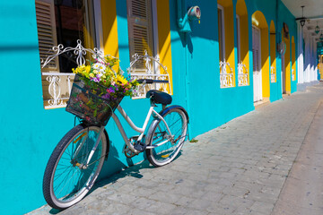 Colorful colonial architecture of historic center of Flores, Guatemala.