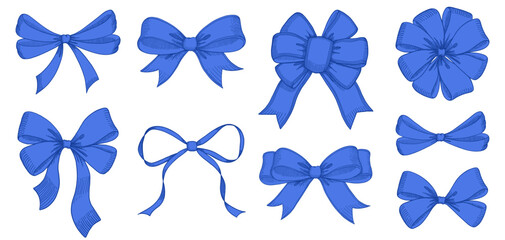 Vintage style decorated long blue bow and ribbon. Hand drawn vintage line art vector illustration.