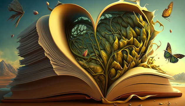 "Book of Love" - a surrealistic and enchanting wallpaper background, featuring a book with hearts and flowers