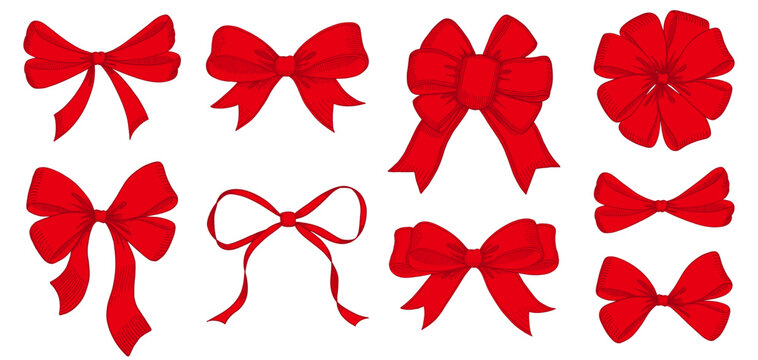 Vintage style decorated long red bow and ribbon. Hand drawn vintage line art vector illustration.