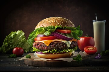 Illustration of a beef burger with lettuce, tomato and onion on a dark background. AI Generation