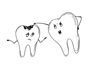 Sketch hand draw  illustration of teeth caries.Cute toothy characters. . Vector illustration of a dental character. Oral hygiene.Vector illustration