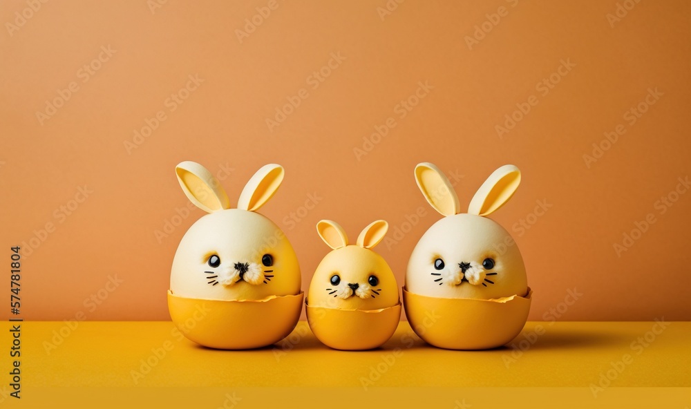 Poster a group of three eggs with faces painted on them sitting in front of an orange wall with a rabbit fa