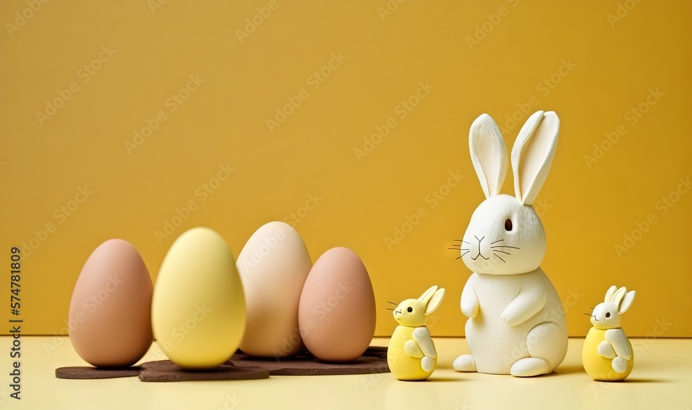 Aufkleber a group of easter eggs with a bunny and two chicks in front of them on a yellow background with a ye