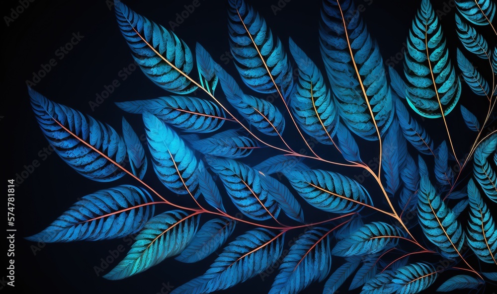 Poster a painting of blue leaves on a black background with a red line in the center of the image and a red