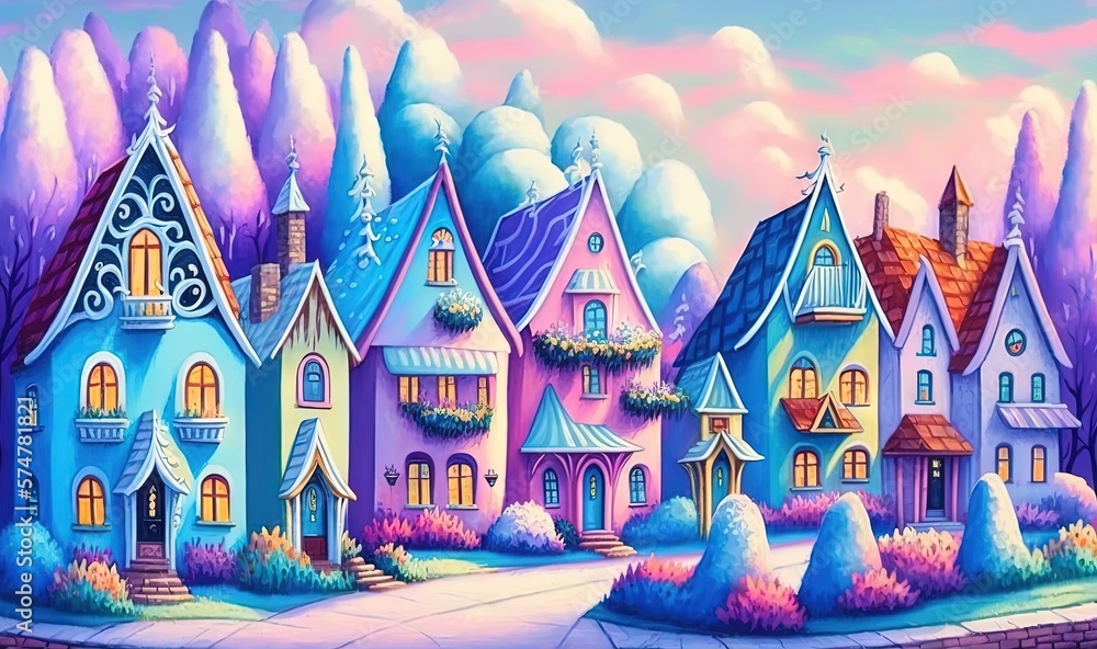 Poster a painting of a street with houses in the middle of the street and trees in the back ground and moun