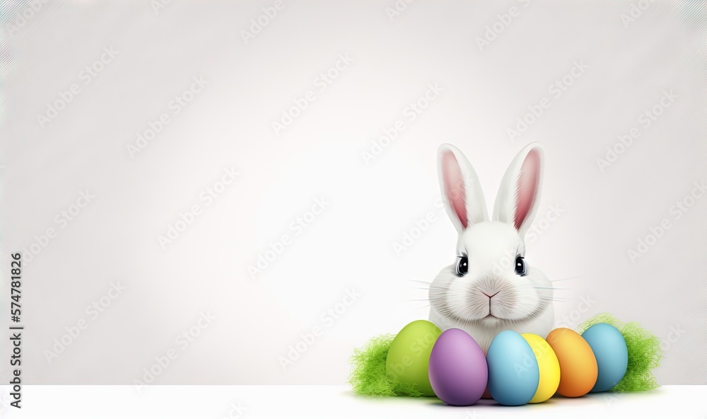 Poster a white rabbit sitting behind a row of colorful eggs on a white background with a place for a text o
