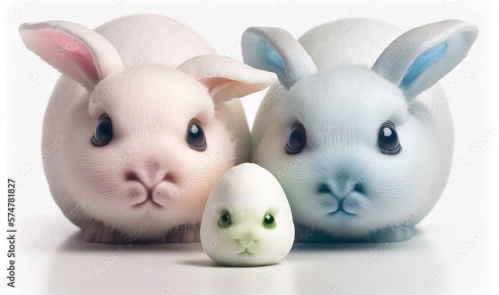 Poster a couple of small white rabbits next to a smaller white rabbit with a smaller one behind them with a