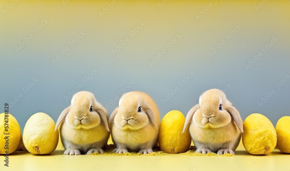 Poster a group of small rabbits sitting next to each other on a yellow surface next to a row of yellow and 