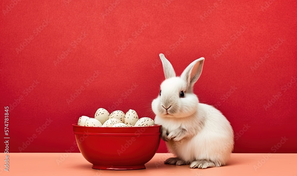 Poster a white rabbit sitting in front of a bowl of eggs on a red tablecloth with a red wall in the backgro