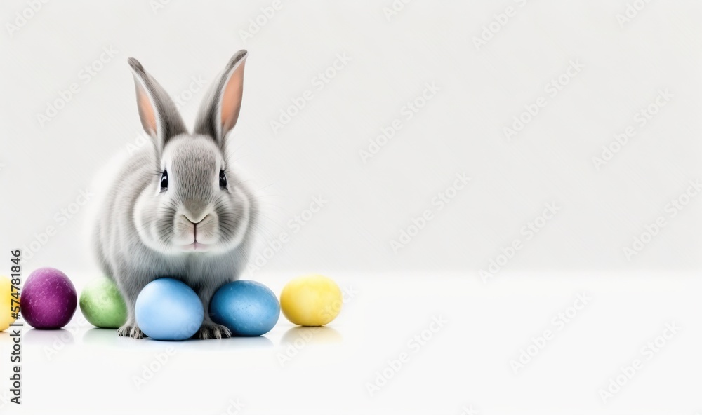 Poster a rabbit sitting next to a pile of colorful eggs on a white background with a white background behin
