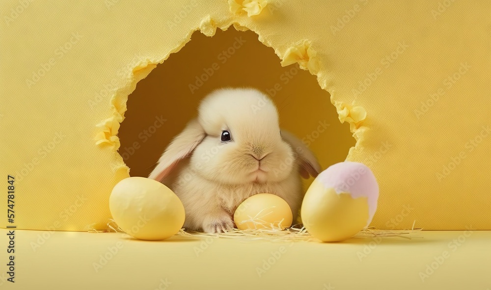 Poster a white bunny sitting in a hole with eggs in it's lap and looking at the camera with a yellow backgr
