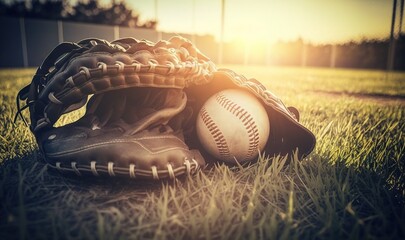  a baseball mitt and a baseball in the grass with the sun in the background and a baseball in the middle of the mitt.  generative ai