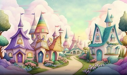  a cartoon scene of a fairy land with a castle and a road leading to it with a lot of trees and flowers on the side of the road.  generative ai