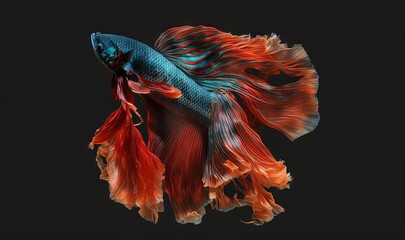  a siamese fish with red and blue tail and tail fins, on a black background, with a black back ground, with only one fish visible.  generative ai