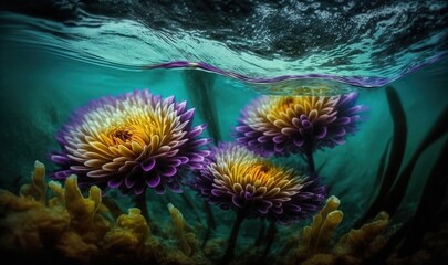 Plakat a group of purple and yellow flowers under the water's surface, with a wave coming in to the bottom of the picture and bottom of the water. generative ai