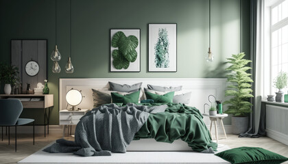 Modern home interior bedroom with green accents, Scandinavian style, a picture on the wall, generative ai