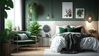 Modern home interior bedroom with green accents, Scandinavian style, a picture on the wall, generative ai