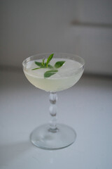 pale green gimlet cocktail in vintage coupe glass with Lemon Verbena sprig garnish