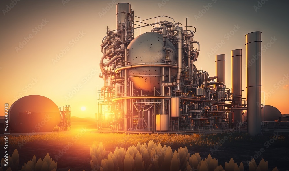 Poster a large industrial plant with a sun setting in the background and a field of flowers in the foregrou
