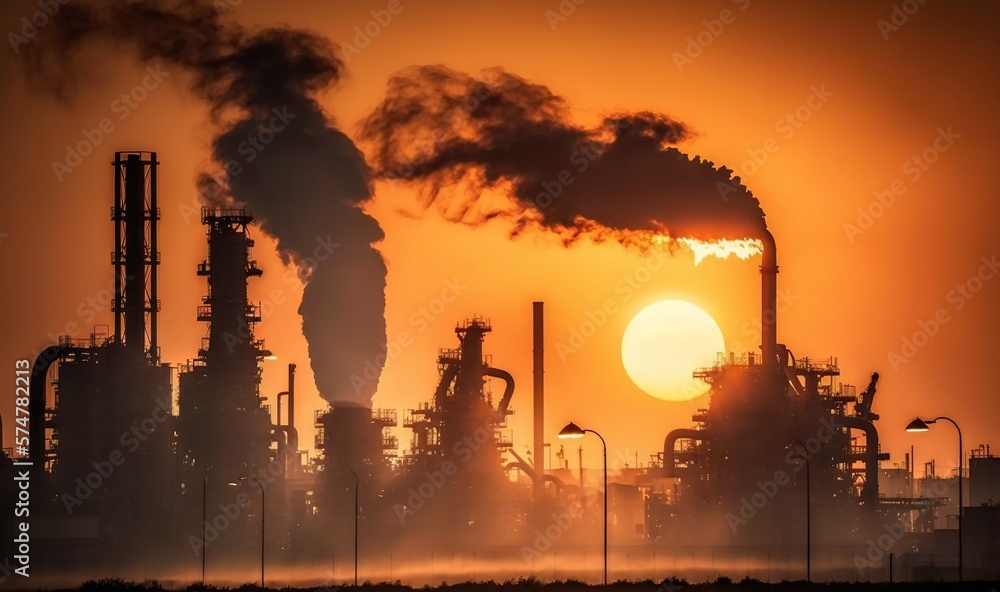 Poster the sun is setting behind a factory with smoke coming out of it's stacks and stacks of smoke coming 