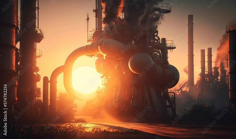 Poster the sun is setting behind a factory with pipes and pipes in the foreground and smoke coming out of t