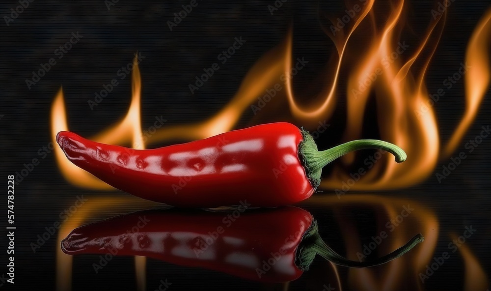 Poster  a red hot pepper with flames in the background and a reflection on the ground in the foreground of the image is a black background.  generative ai