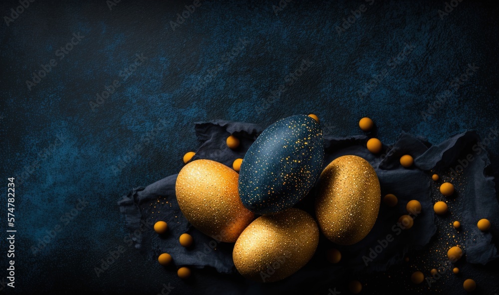Poster a group of oranges and an egg on a blue surface with a black cloth around it and a blue background w