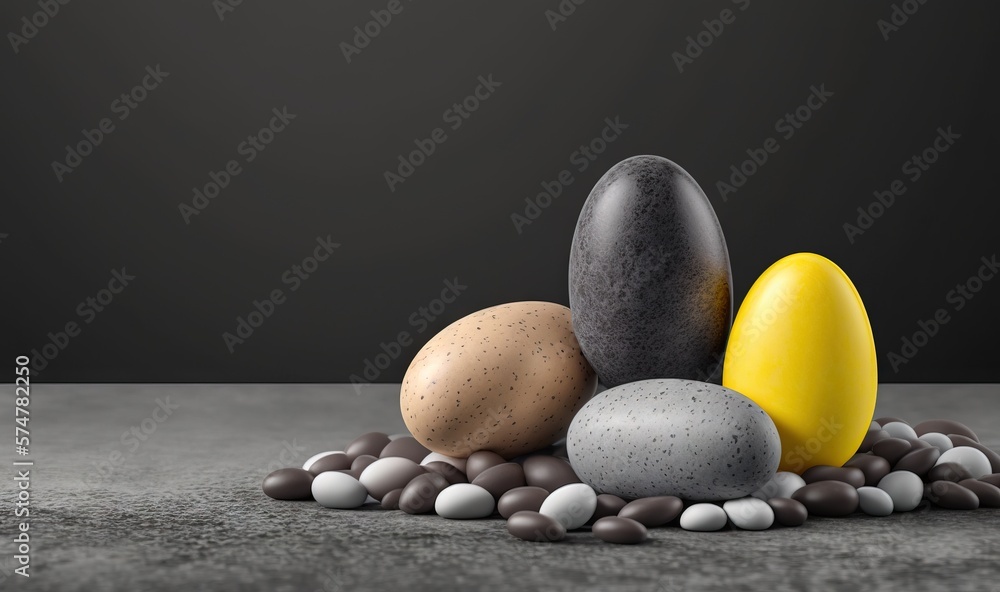 Poster a group of eggs sitting on top of a pile of rocks and pebbles on a gray background with a black back
