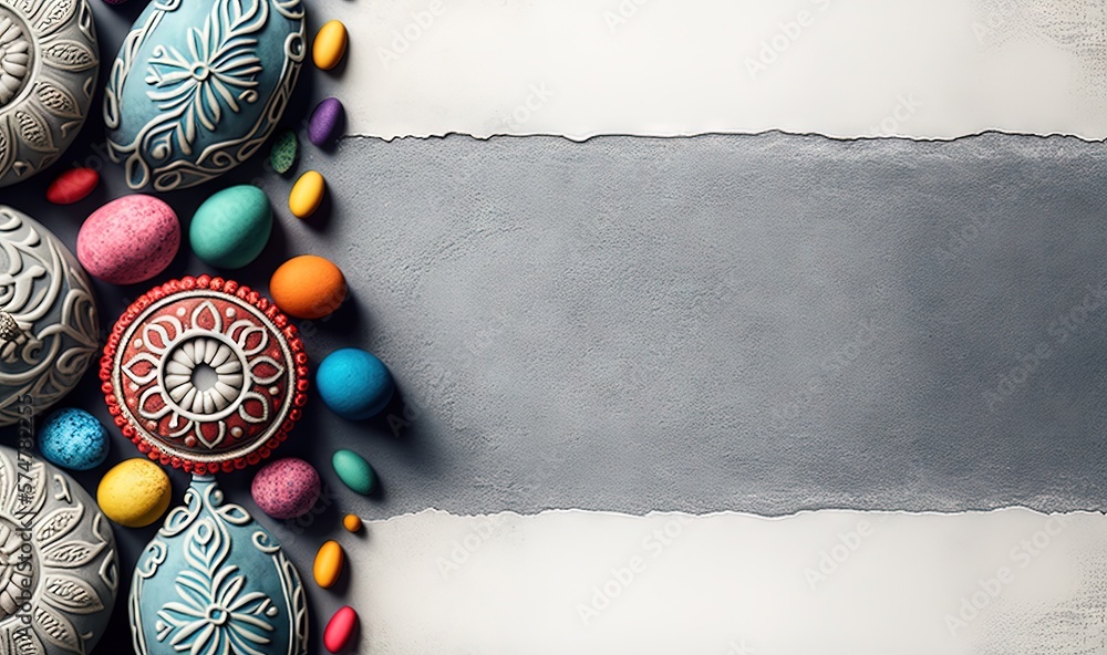 Poster a group of colorful eggs sitting on top of a table next to a piece of paper with a hole in the middl
