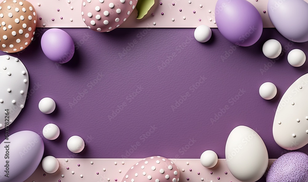 Poster a purple and white background with eggs and polka dot dots on it, and a purple and white background 